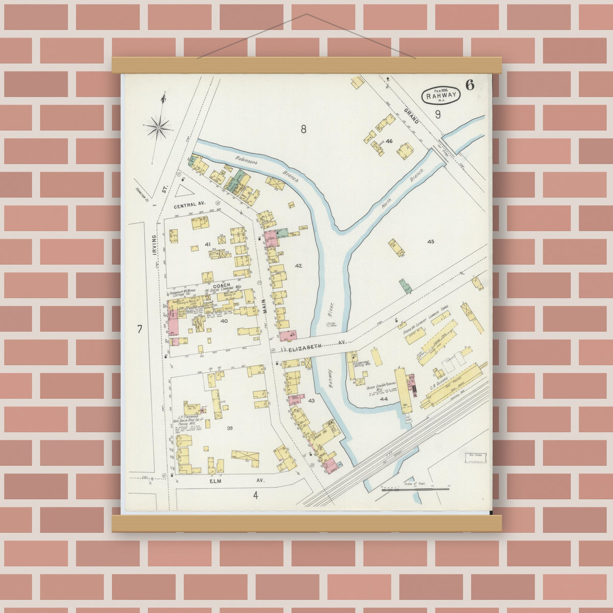 Old map wall art mockup — magnetic wood frame on brick wall — Sanborn Fire Insurance Map from Rahway, Union County, New Jersey (1896), Sheet #0006
