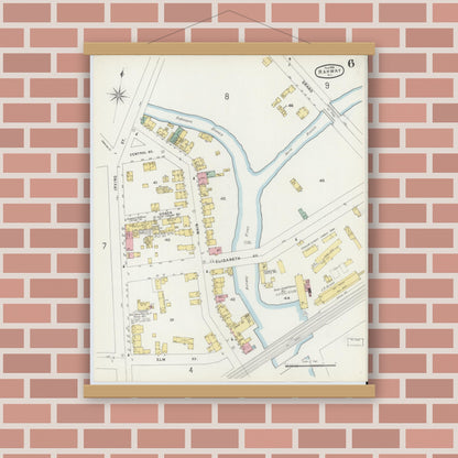 Old map wall art mockup — magnetic wood frame on brick wall — Sanborn Fire Insurance Map from Rahway, Union County, New Jersey (1896), Sheet #0006