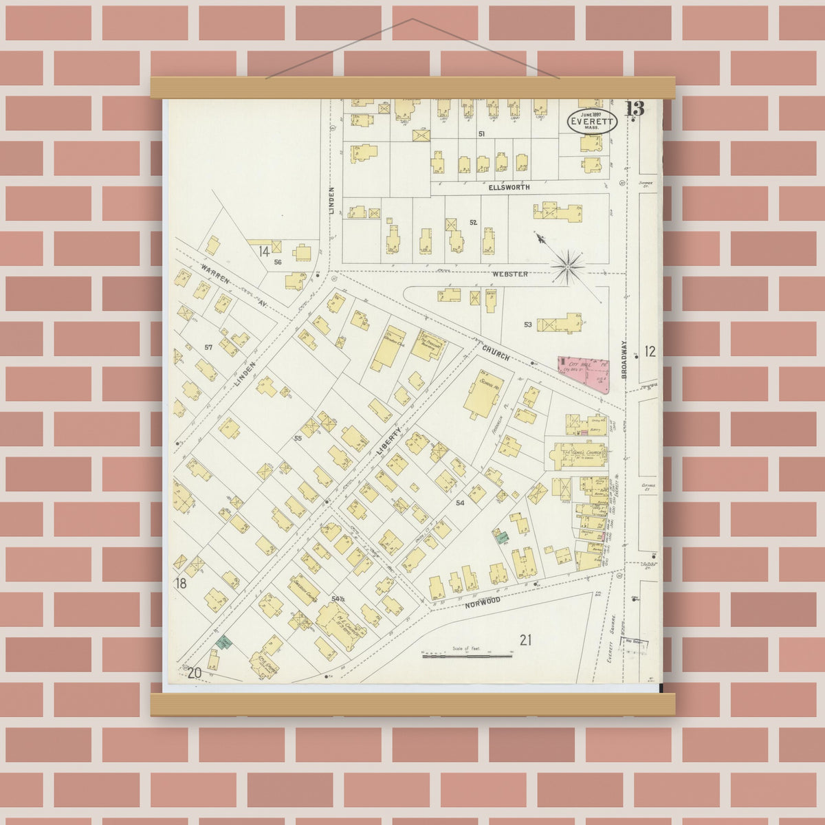 Old map wall art mockup — magnetic wood frame on brick wall — Sanborn Fire Insurance Map from Everett, Middlesex County, Massachusetts (1897), Sheet #0013