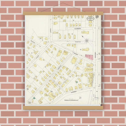 Old map wall art mockup — magnetic wood frame on brick wall — Sanborn Fire Insurance Map from Everett, Middlesex County, Massachusetts (1897), Sheet #0013