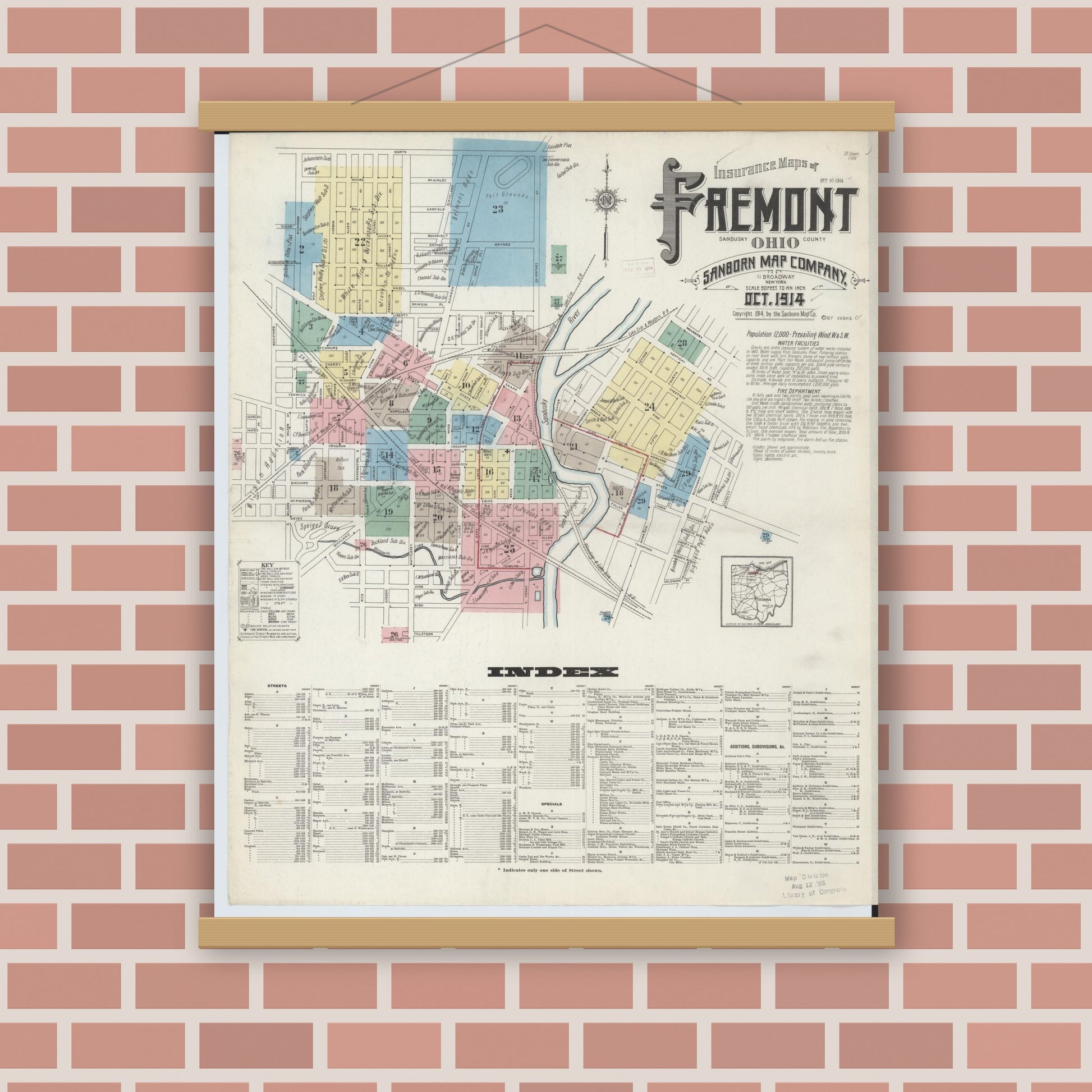 Old map wall art mockup — magnetic wood frame on brick wall — Sanborn Fire Insurance Map from Fremont, Sandusky County, Ohio (1914), Sheet #0001