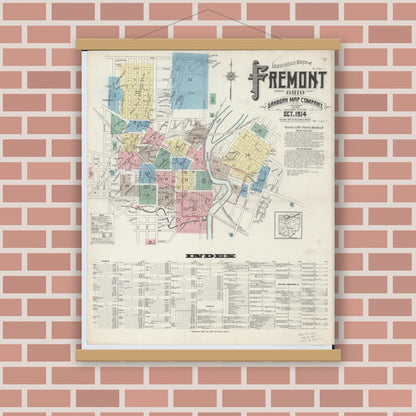 Old map wall art mockup — magnetic wood frame on brick wall — Sanborn Fire Insurance Map from Fremont, Sandusky County, Ohio (1914), Sheet #0001