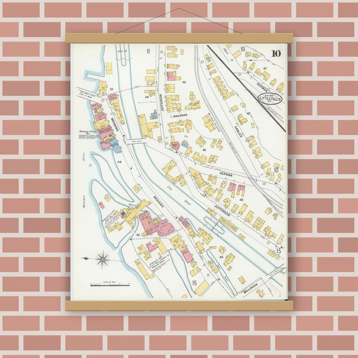 Old map wall art mockup — magnetic wood frame on brick wall — Sanborn Fire Insurance Map from Little Falls, Herkimer County, New York (1900), Sheet #0010