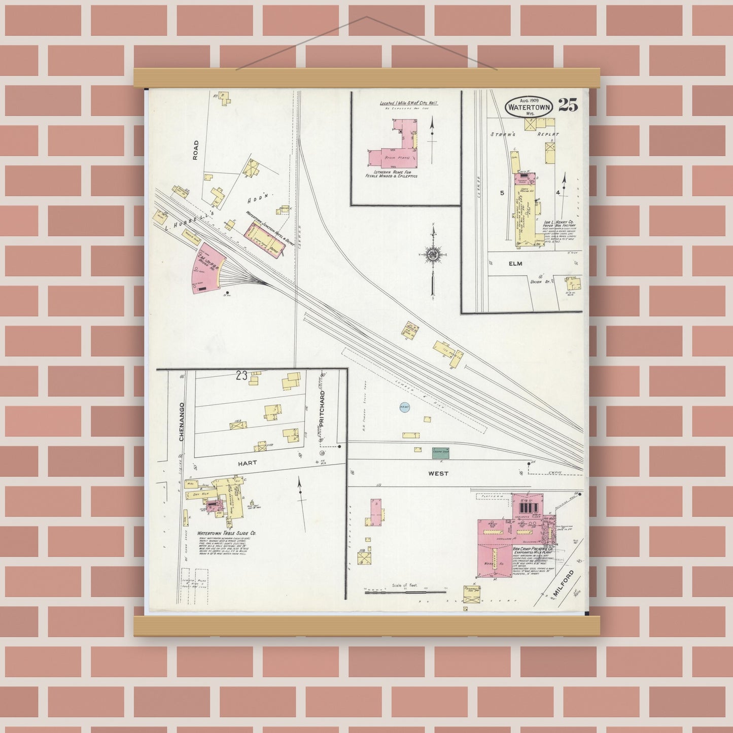Old map wall art mockup — magnetic wood frame on brick wall — Sanborn Fire Insurance Map from Watertown, Jefferson County, Wisconsin (1909), Sheet #0025