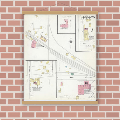 Old map wall art mockup — magnetic wood frame on brick wall — Sanborn Fire Insurance Map from Watertown, Jefferson County, Wisconsin (1909), Sheet #0025