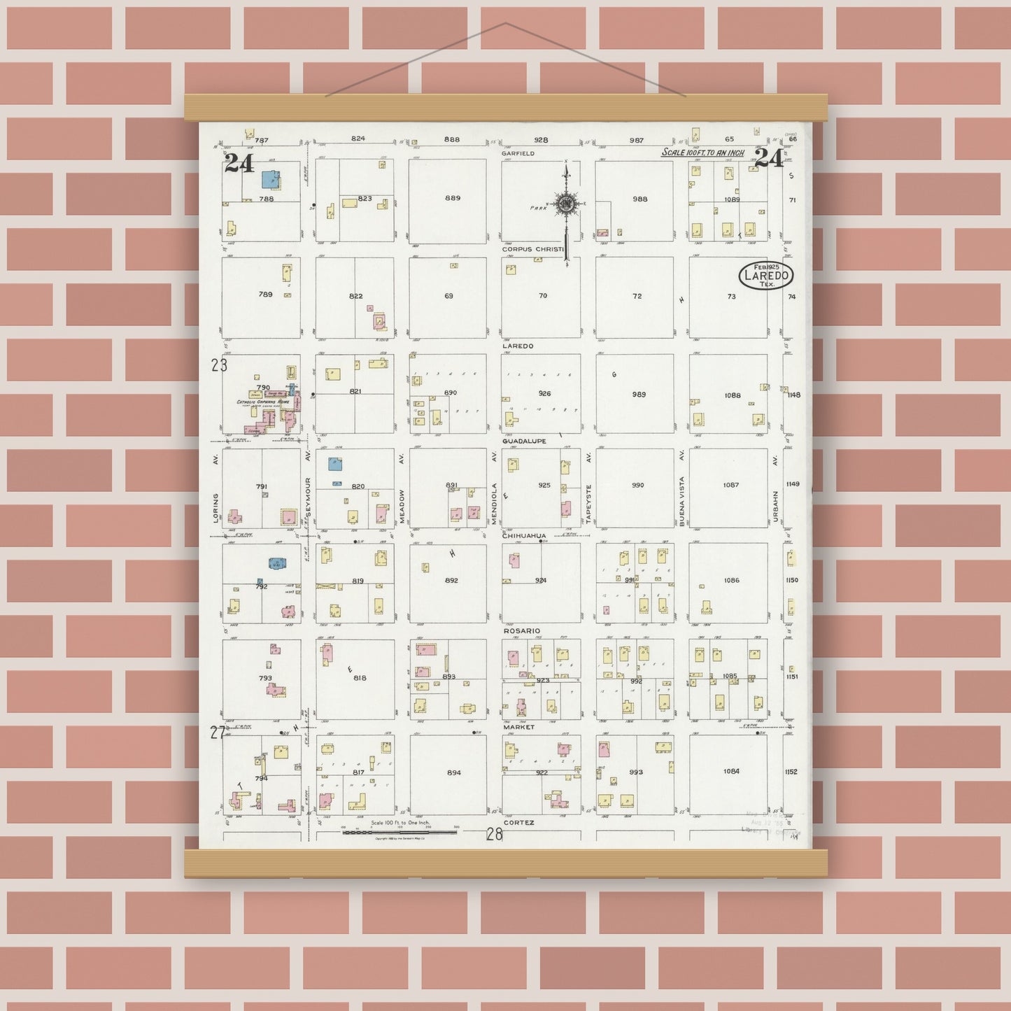 Old map wall art mockup — magnetic wood frame on brick wall — Sanborn Fire Insurance Map from Laredo, Webb County, Texas (1925), Sheet #0024