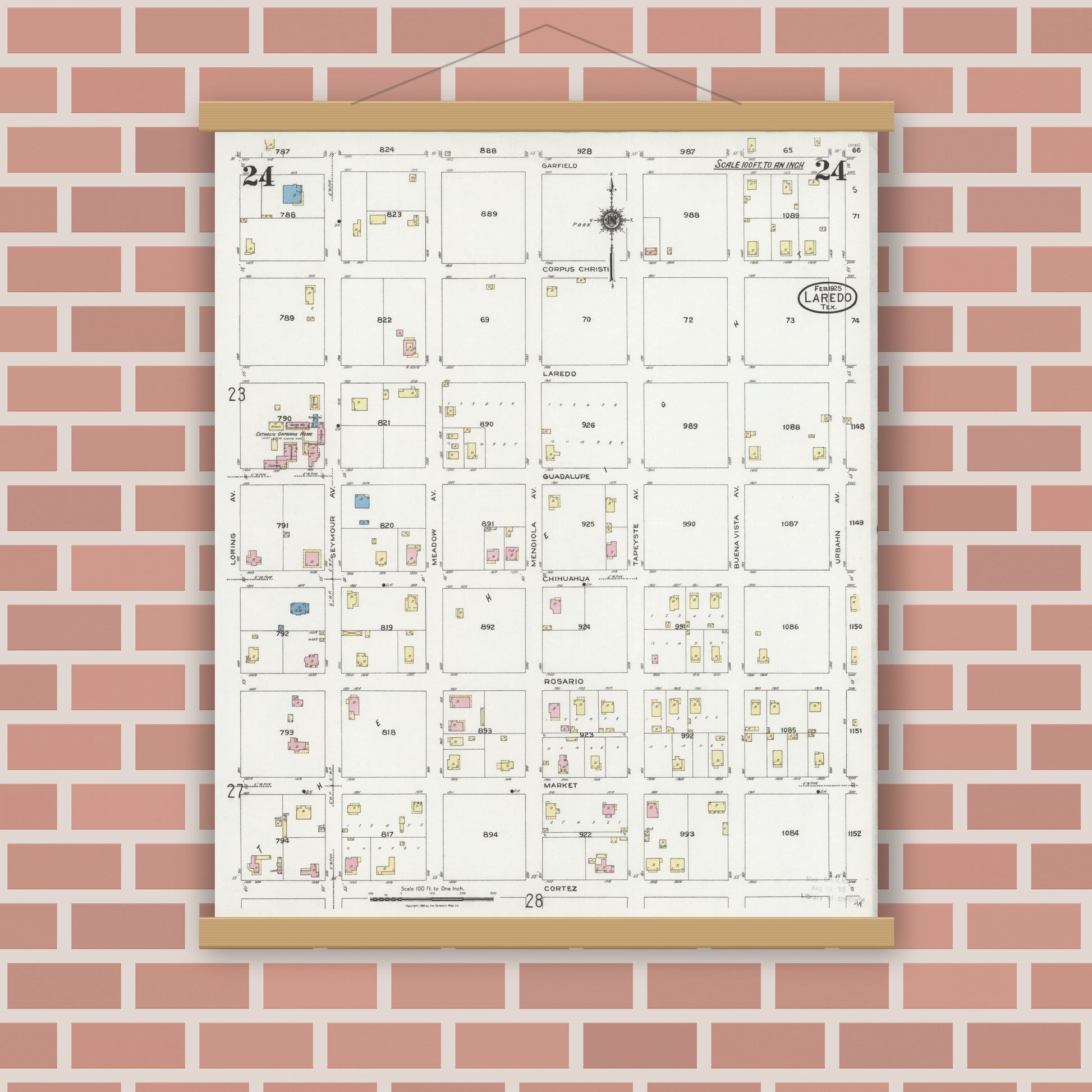 Old map wall art mockup — magnetic wood frame on brick wall — Sanborn Fire Insurance Map from Laredo, Webb County, Texas (1925), Sheet #0024