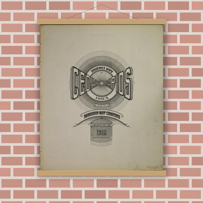 Old map wall art mockup — magnetic wood frame on brick wall — Sanborn Fire Insurance Map from Cedar Rapids, Linn County, Iowa (1913), Sheet #0001