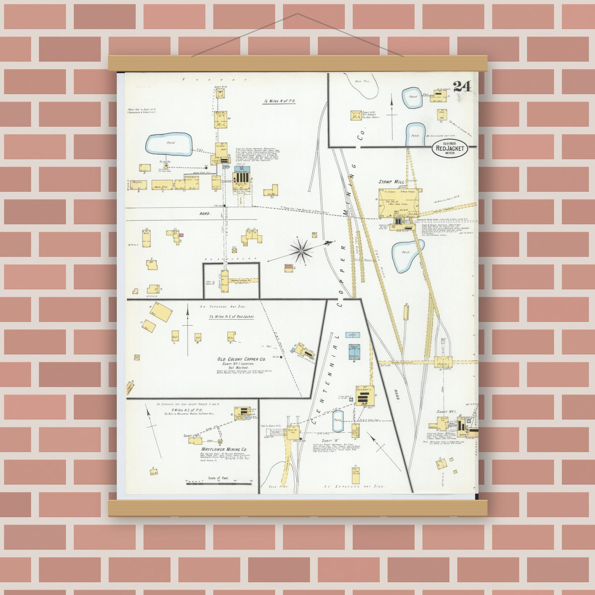 Old map wall art mockup — magnetic wood frame on brick wall — Sanborn Fire Insurance Map from Red Jacket, Houghton County, Michigan (1900), Sheet #0024
