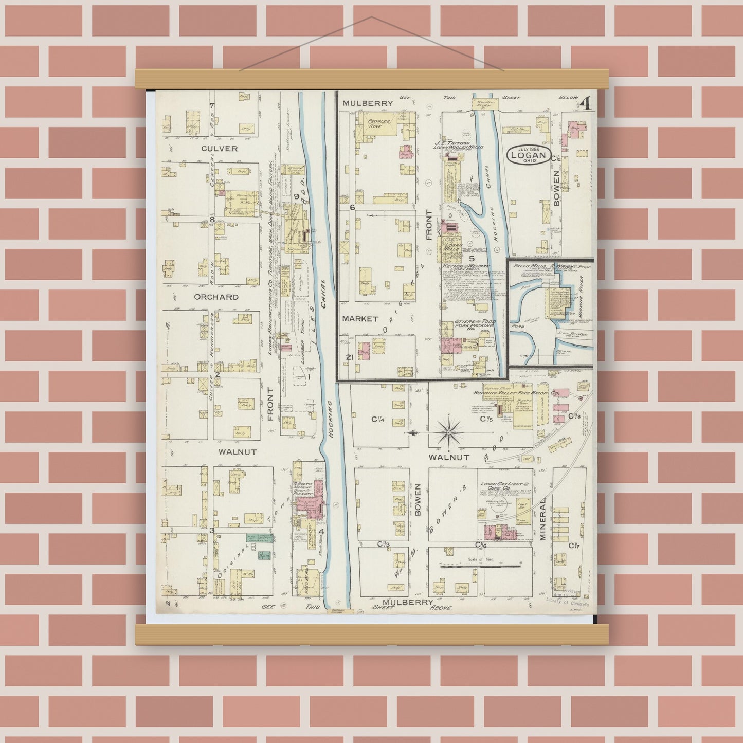 Old map wall art mockup — magnetic wood frame on brick wall — Sanborn Fire Insurance Map from Logan, Hocking County, Ohio (1886), Sheet #0004