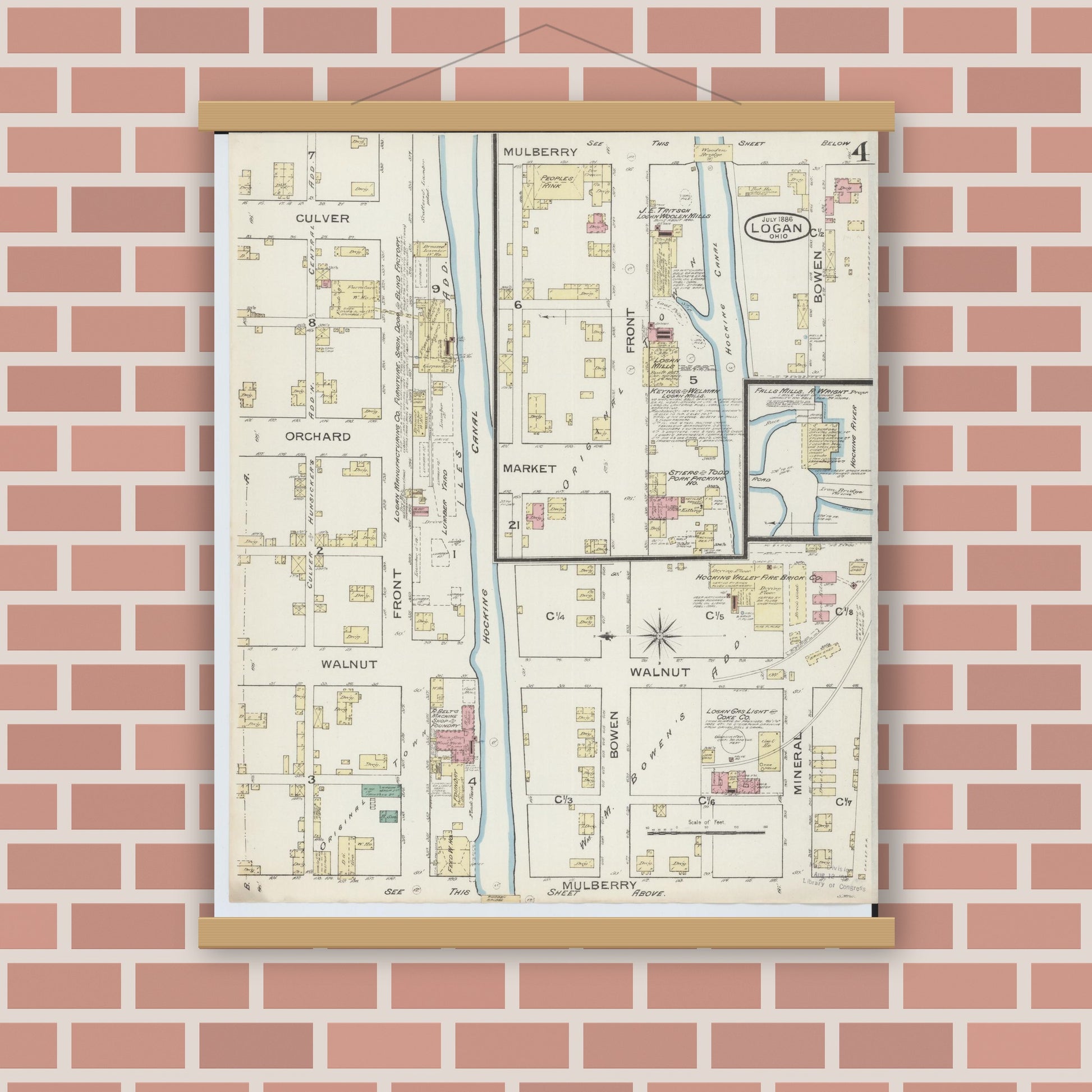 Old map wall art mockup — magnetic wood frame on brick wall — Sanborn Fire Insurance Map from Logan, Hocking County, Ohio (1886), Sheet #0004