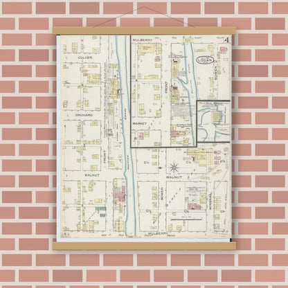 Old map wall art mockup — magnetic wood frame on brick wall — Sanborn Fire Insurance Map from Logan, Hocking County, Ohio (1886), Sheet #0004
