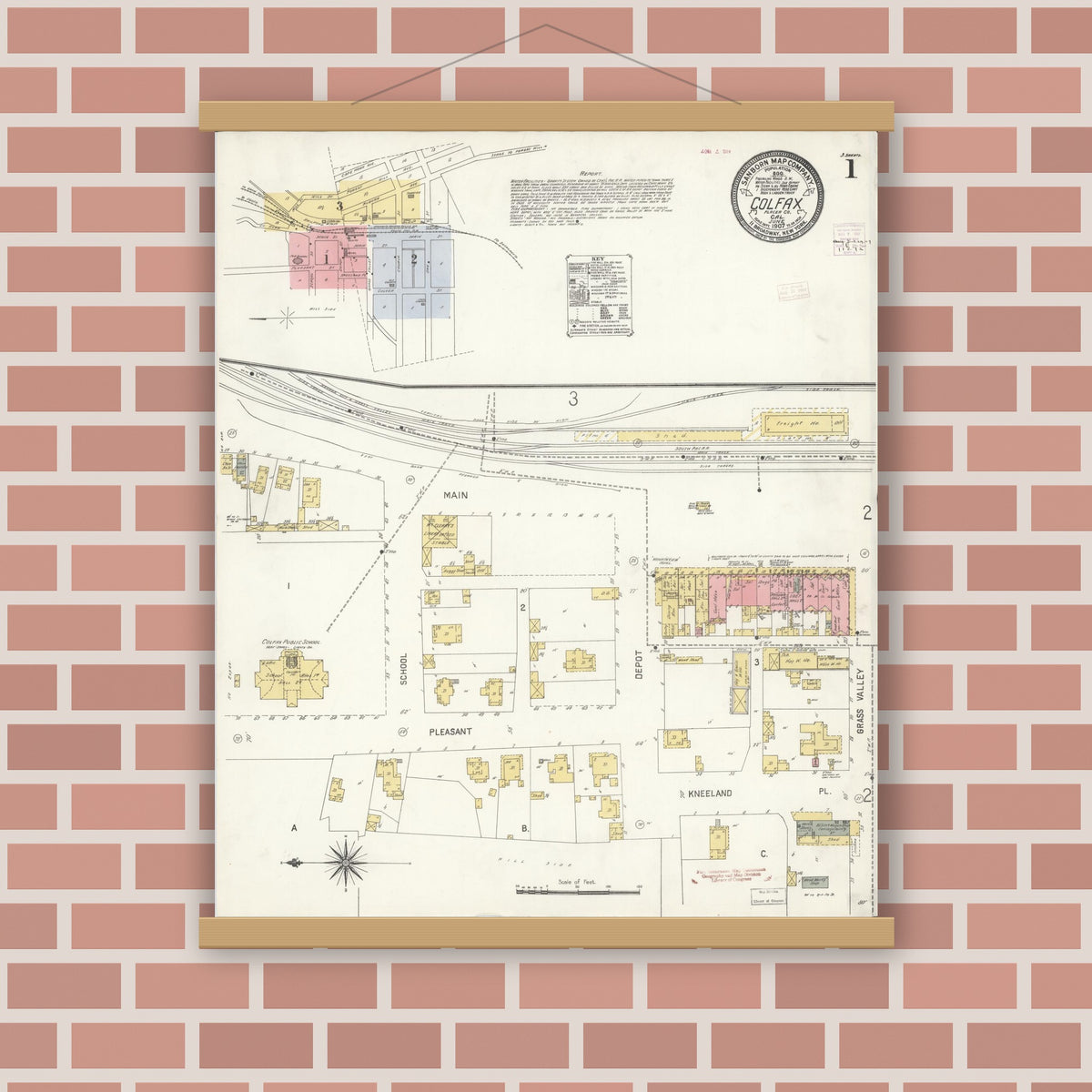 Old map wall art mockup — magnetic wood frame on brick wall — Sanborn Fire Insurance Map from Colfax, Placer County, California (1907), Sheet #0001