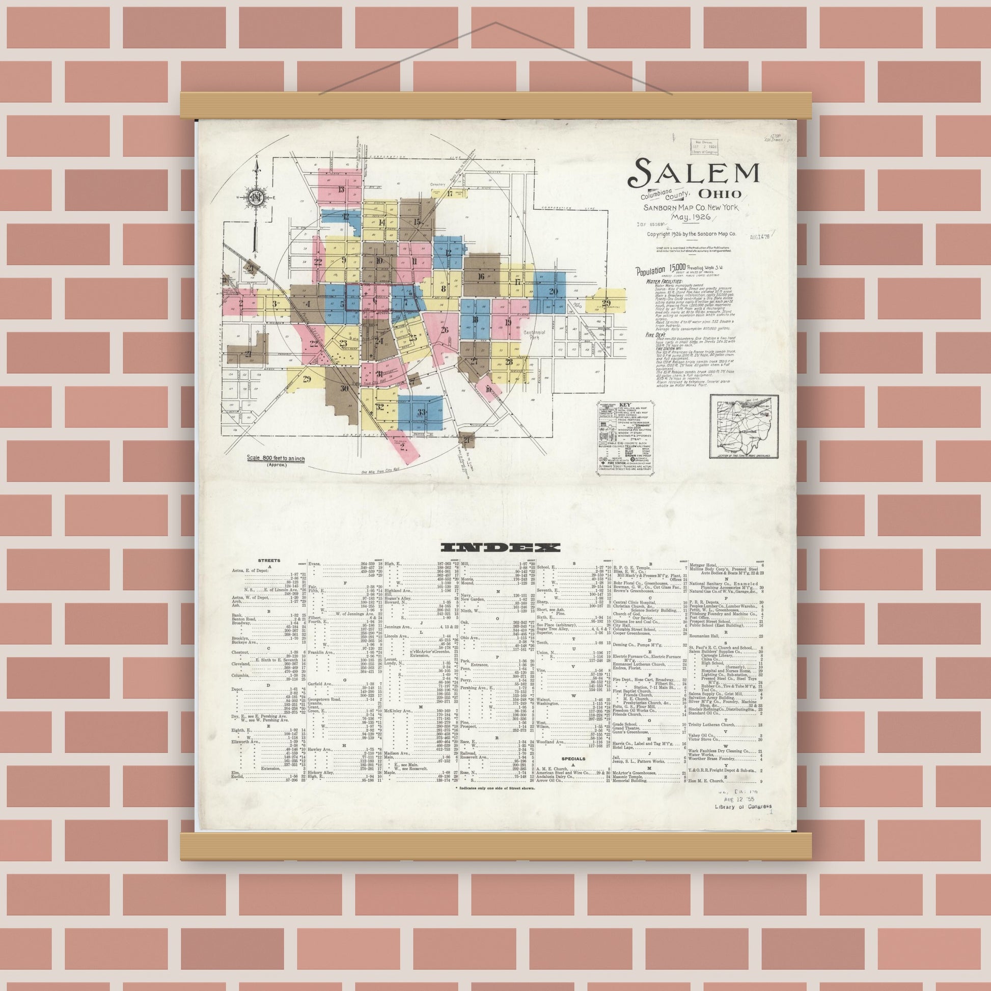 Old map wall art mockup — magnetic wood frame on brick wall — Sanborn Fire Insurance Map from Salem, Columbiana County, Ohio (1926) - Complete Map Set