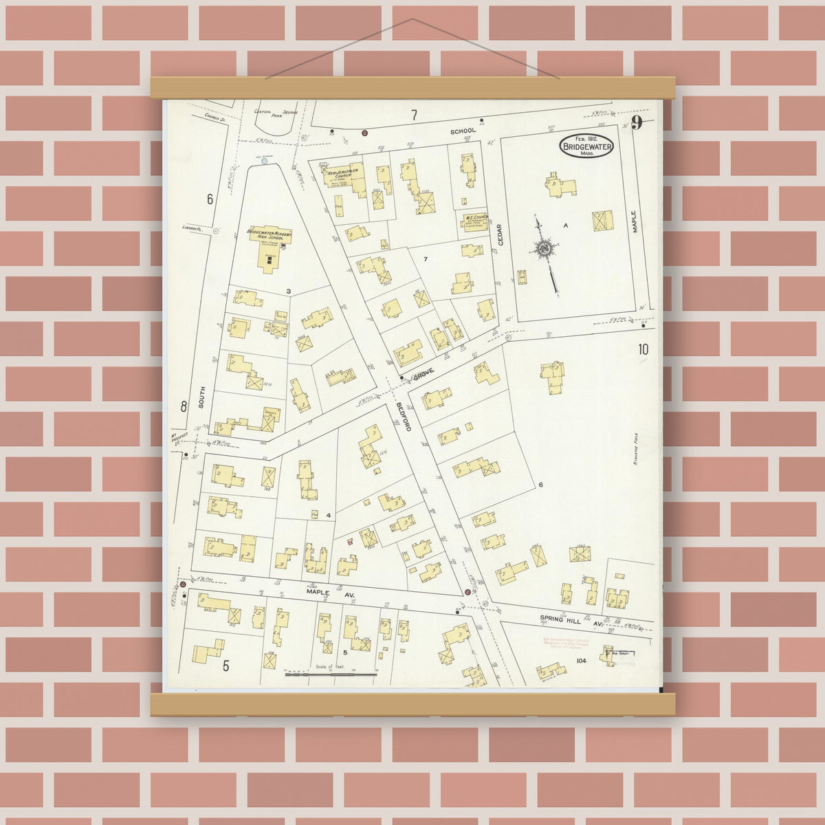 Old map wall art mockup — magnetic wood frame on brick wall — Sanborn Fire Insurance Map from Bridgewater, Plymouth County, Massachusetts (1912), Sheet #0009