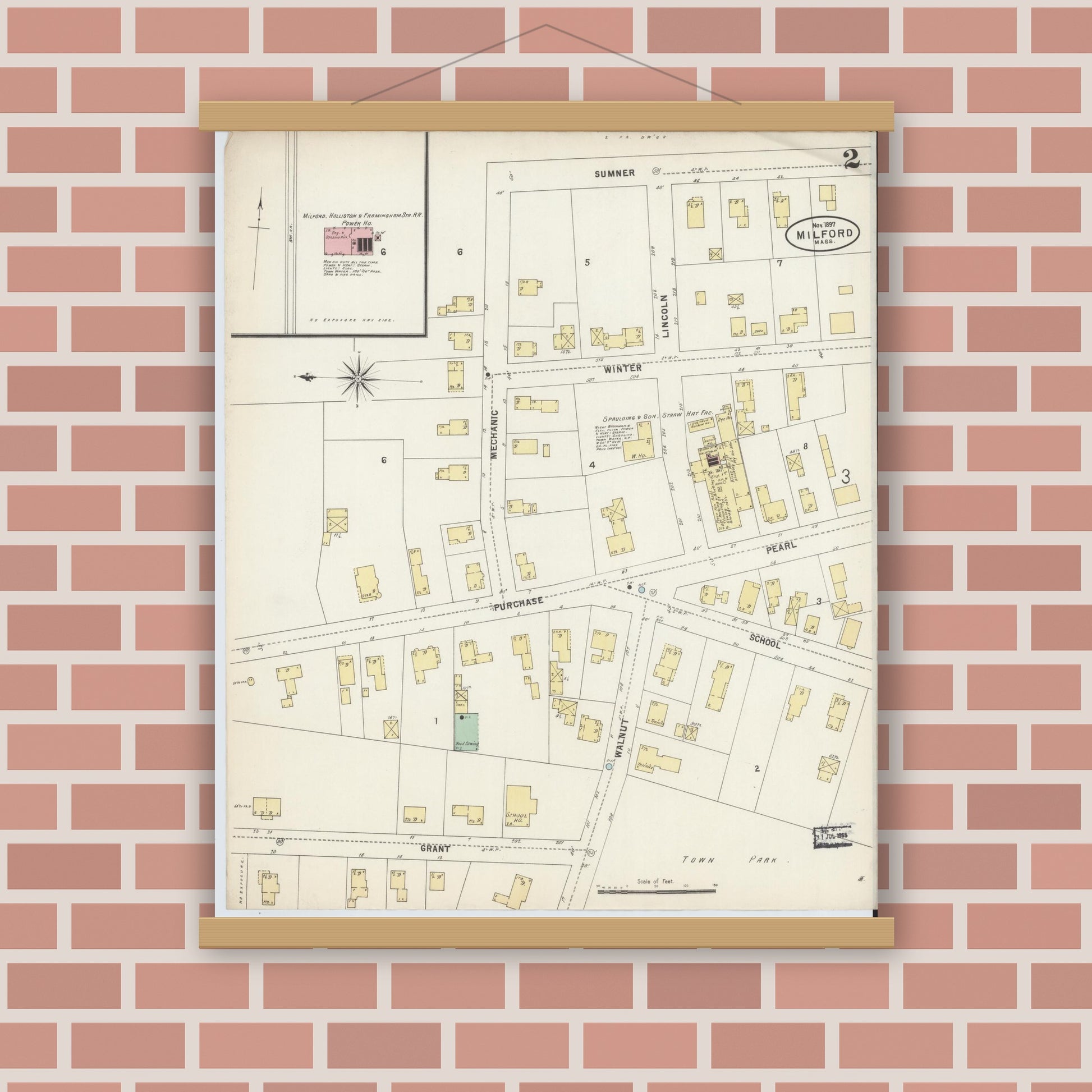 Old map wall art mockup — magnetic wood frame on brick wall — Sanborn Fire Insurance Map from Milford, Worcester County, Massachusetts (1897), Sheet #0002