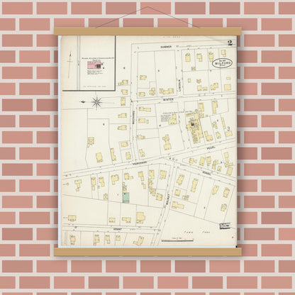 Old map wall art mockup — magnetic wood frame on brick wall — Sanborn Fire Insurance Map from Milford, Worcester County, Massachusetts (1897), Sheet #0002