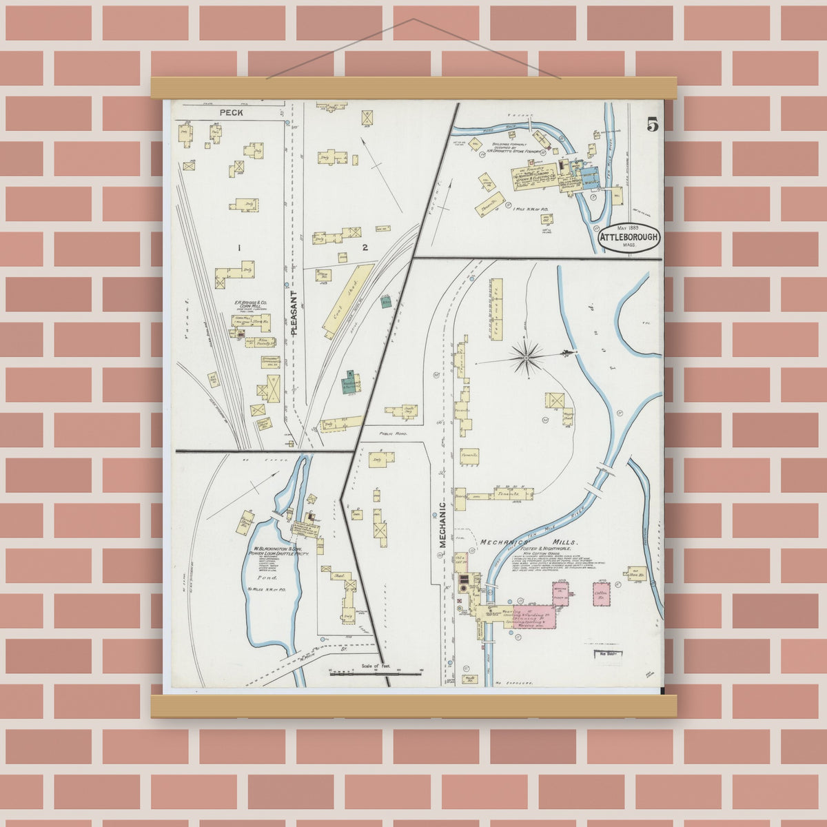 Old map wall art mockup — magnetic wood frame on brick wall — Sanborn Fire Insurance Map from Attleboro, Bristol County, Massachusetts (1889), Sheet #0005