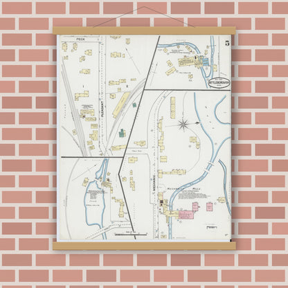 Old map wall art mockup — magnetic wood frame on brick wall — Sanborn Fire Insurance Map from Attleboro, Bristol County, Massachusetts (1889), Sheet #0005