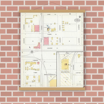 Old map wall art mockup — magnetic wood frame on brick wall — Sanborn Fire Insurance Map from Terrell, Kaufman County, Texas (1902), Sheet #0009