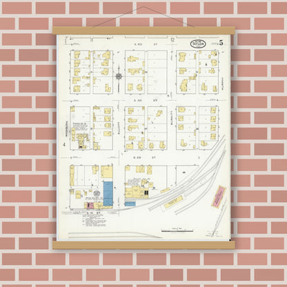 Old map wall art mockup — magnetic wood frame on brick wall — Sanborn Fire Insurance Map from Taylor, Williamson County, Texas (1916), Sheet #0005