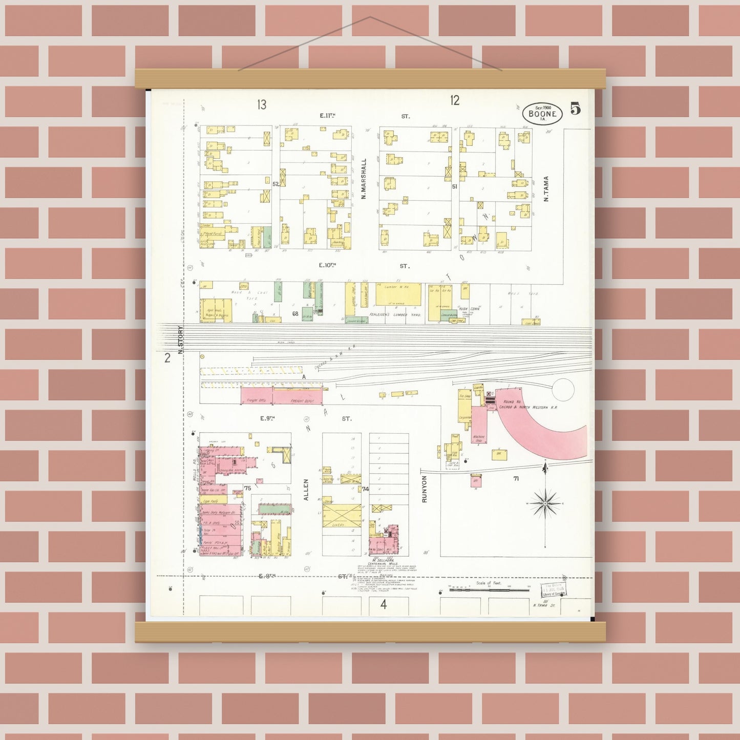 Old map wall art mockup — magnetic wood frame on brick wall — Sanborn Fire Insurance Map from Boone, Boone County, Iowa (1900), Sheet #0005