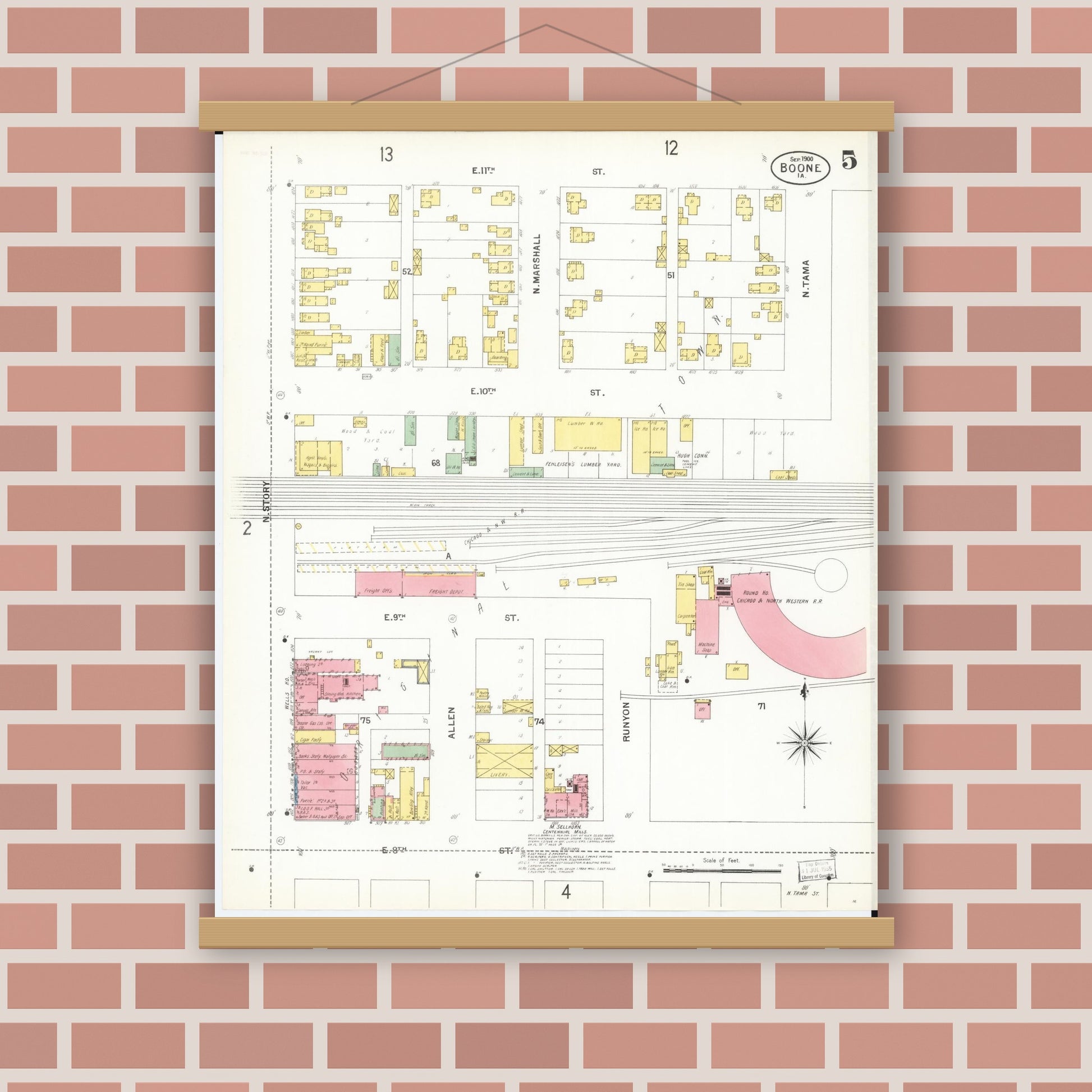 Old map wall art mockup — magnetic wood frame on brick wall — Sanborn Fire Insurance Map from Boone, Boone County, Iowa (1900), Sheet #0005