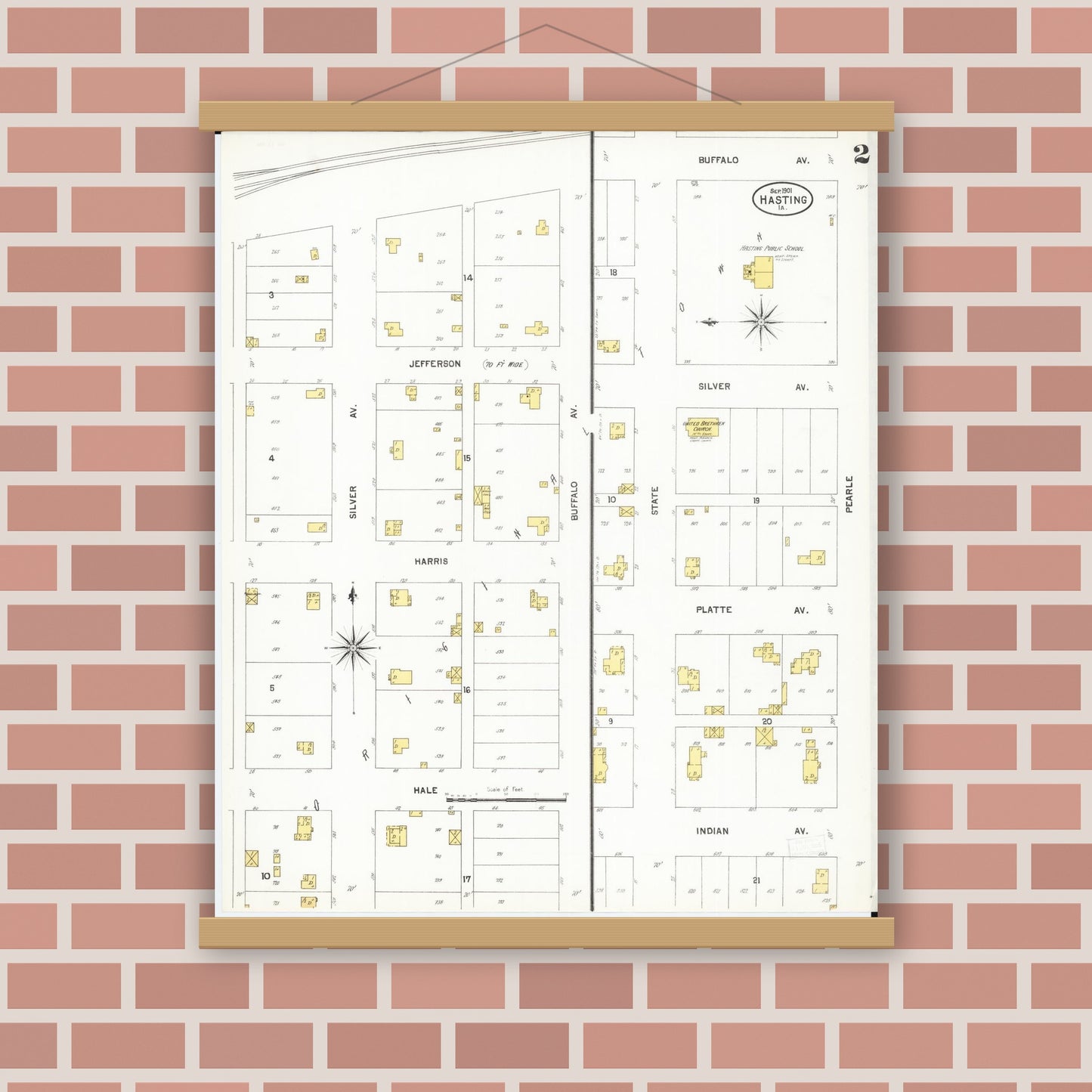 Old map wall art mockup — magnetic wood frame on brick wall — Sanborn Fire Insurance Map from Hastings, Mills County, Iowa (1901), Sheet #0002