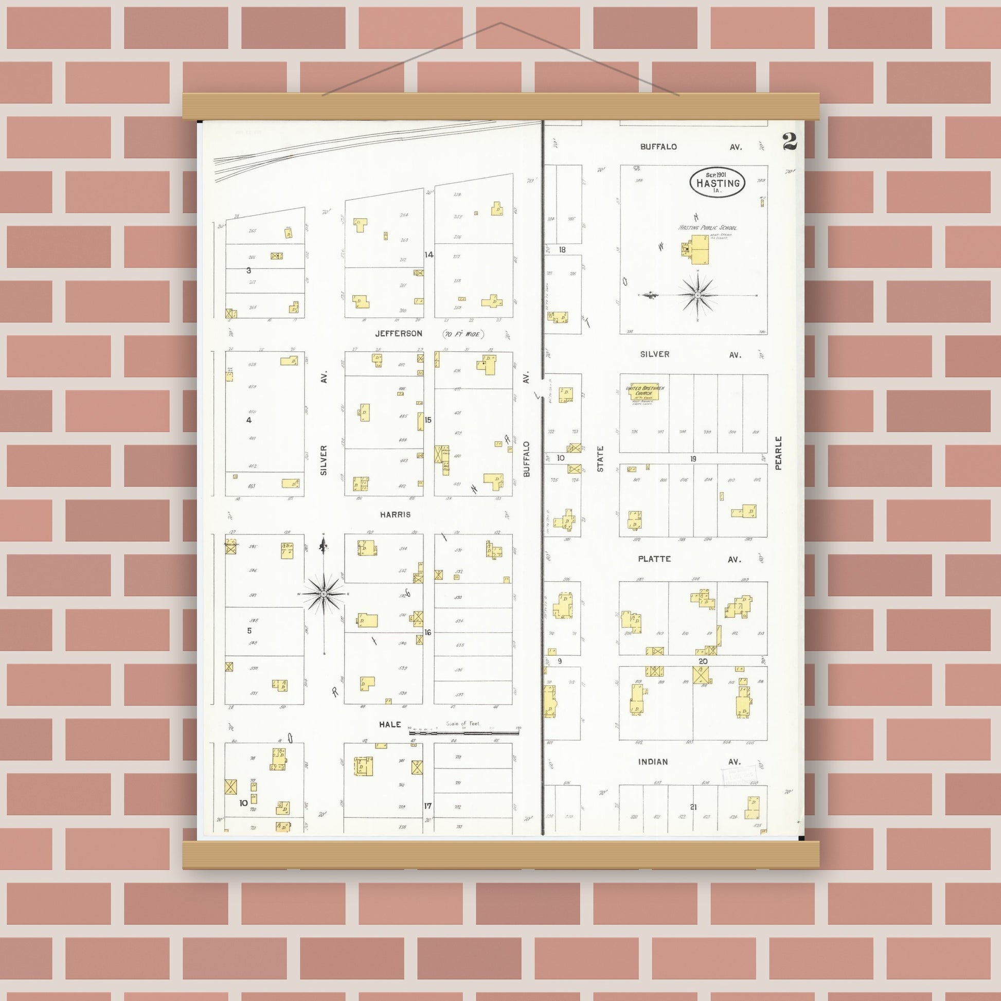 Old map wall art mockup — magnetic wood frame on brick wall — Sanborn Fire Insurance Map from Hastings, Mills County, Iowa (1901), Sheet #0002