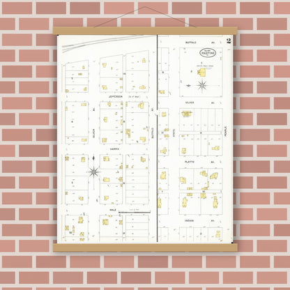 Old map wall art mockup — magnetic wood frame on brick wall — Sanborn Fire Insurance Map from Hastings, Mills County, Iowa (1901), Sheet #0002
