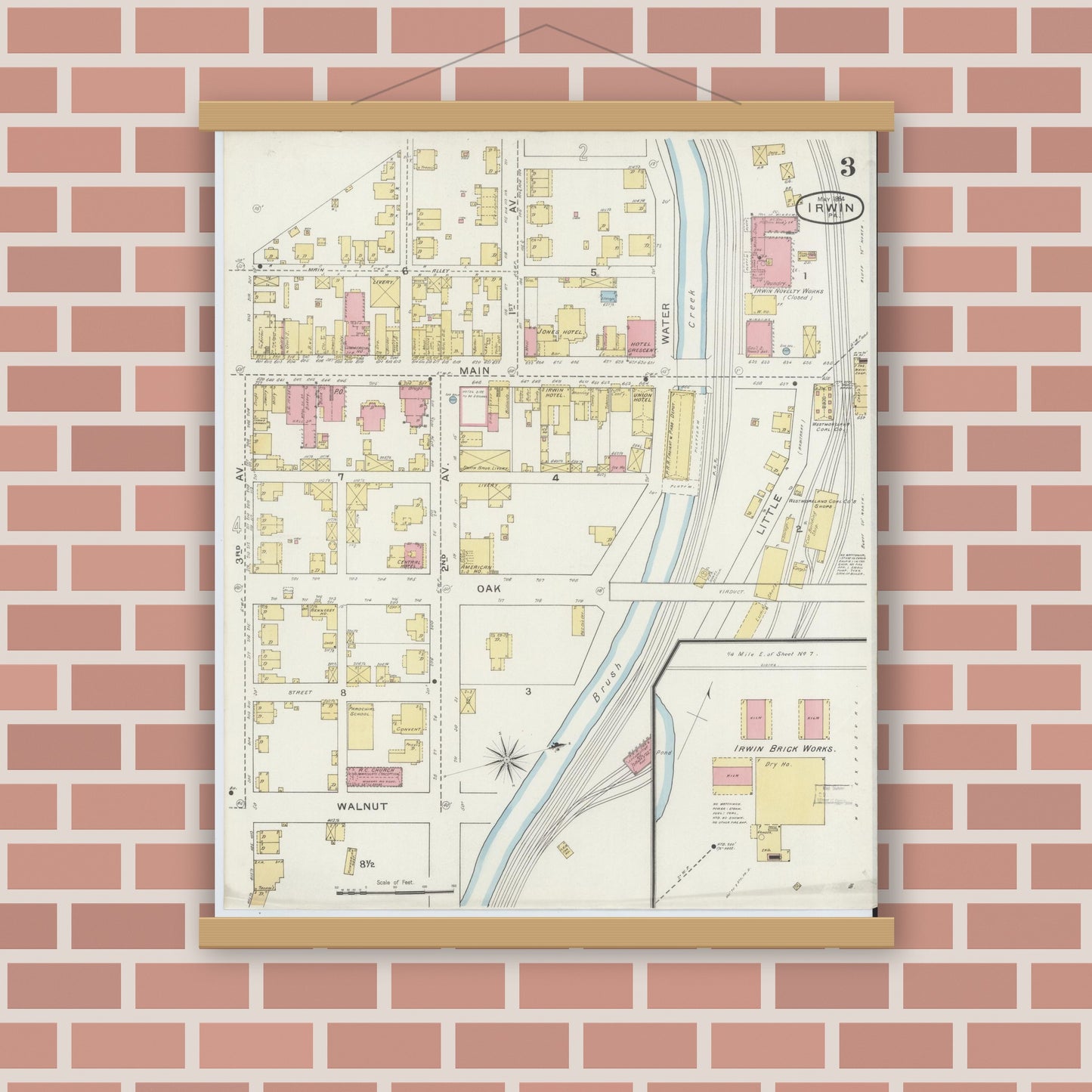 Old map wall art mockup — magnetic wood frame on brick wall — Sanborn Fire Insurance Map from Irwin, Westmoreland County, Pennsylvania (1894), Sheet #0003