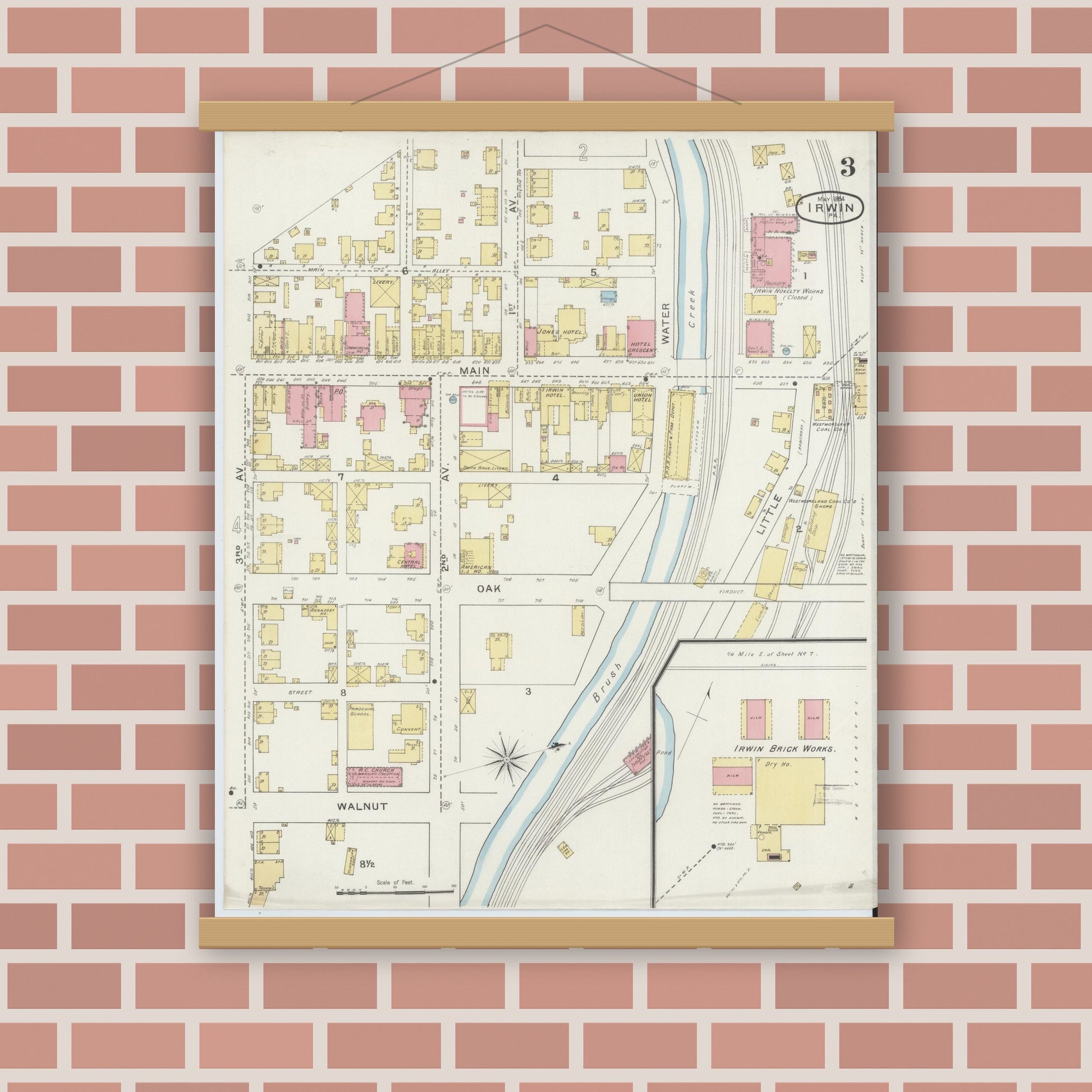 Old map wall art mockup — magnetic wood frame on brick wall — Sanborn Fire Insurance Map from Irwin, Westmoreland County, Pennsylvania (1894), Sheet #0003