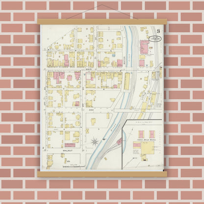 Old map wall art mockup — magnetic wood frame on brick wall — Sanborn Fire Insurance Map from Irwin, Westmoreland County, Pennsylvania (1894), Sheet #0003