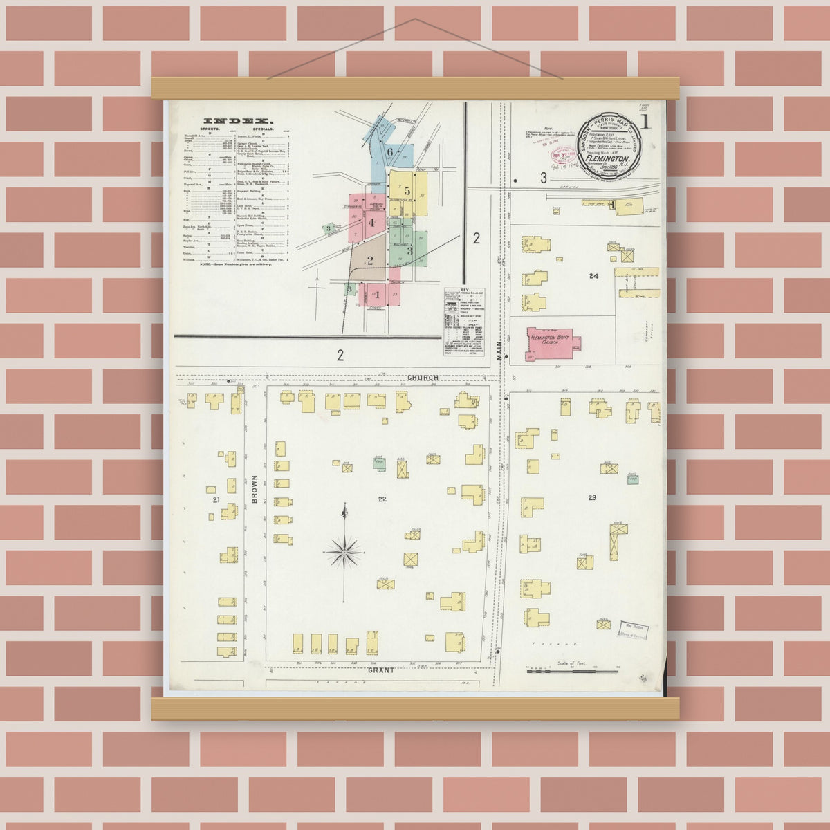 Old map wall art mockup — magnetic wood frame on brick wall — Sanborn Fire Insurance Map from Flemington, Hunterdon County, New Jersey (1896) - Complete Map Set