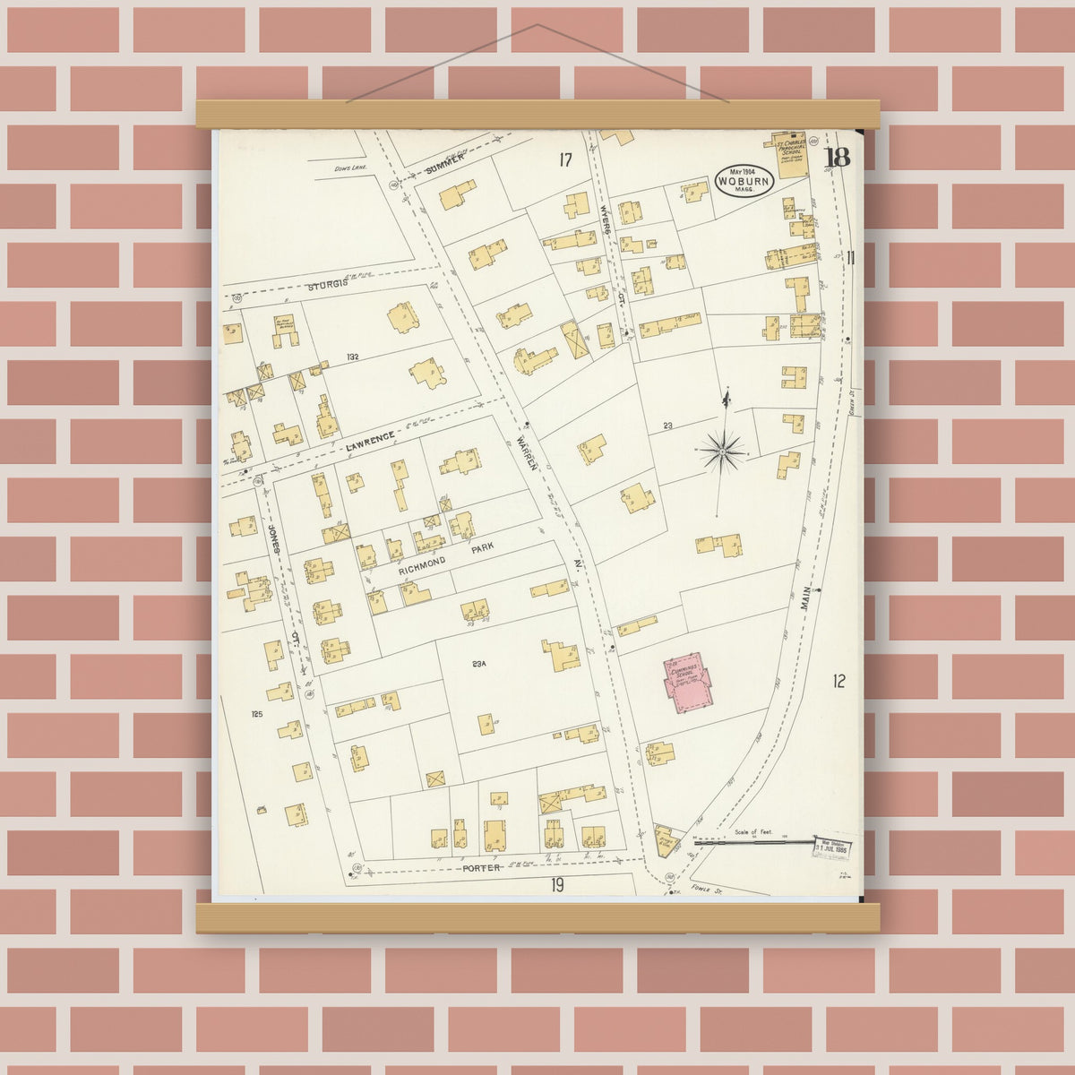 Old map wall art mockup — magnetic wood frame on brick wall — Sanborn Fire Insurance Map from Woburn, Middlesex County, Massachusetts (1904), Sheet #0018