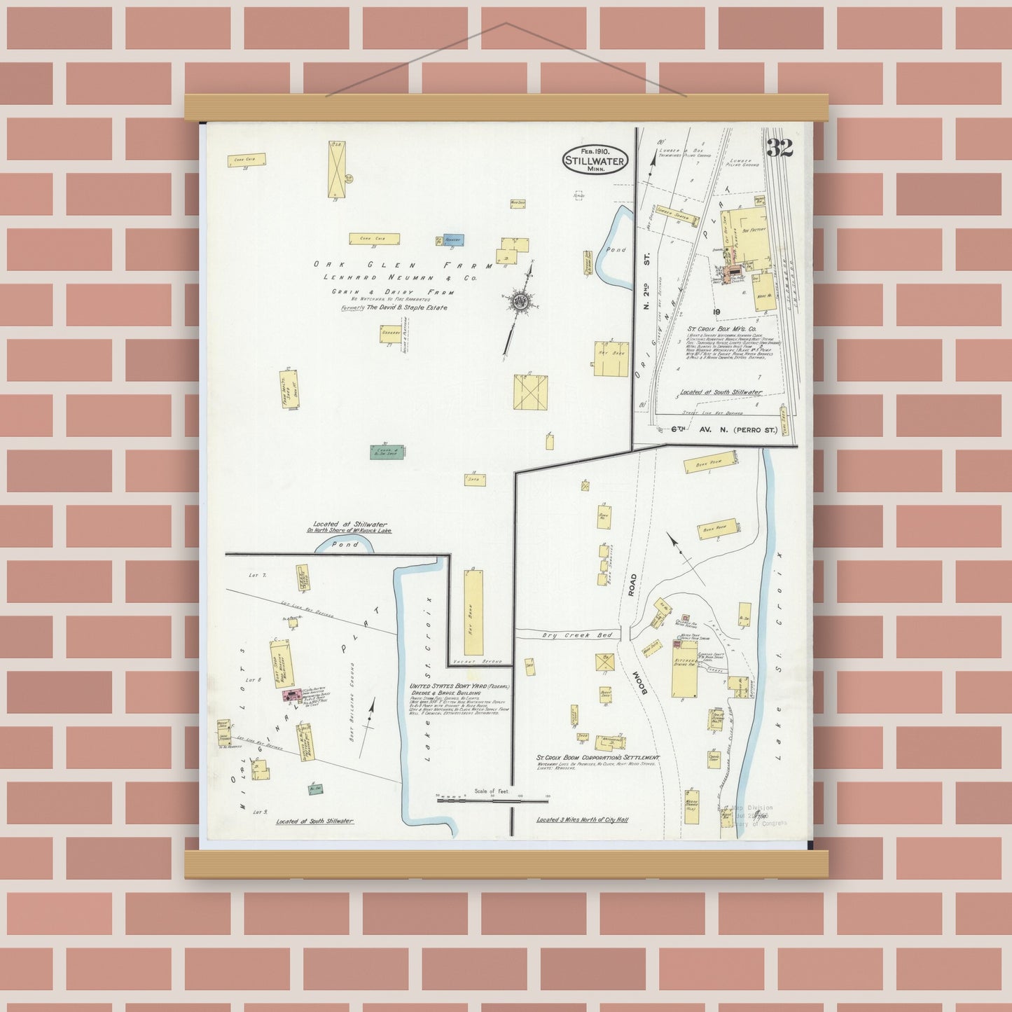 Old map wall art mockup — magnetic wood frame on brick wall — Sanborn Fire Insurance Map from Stillwater, Washington County, Minnesota (1910), Sheet #0032