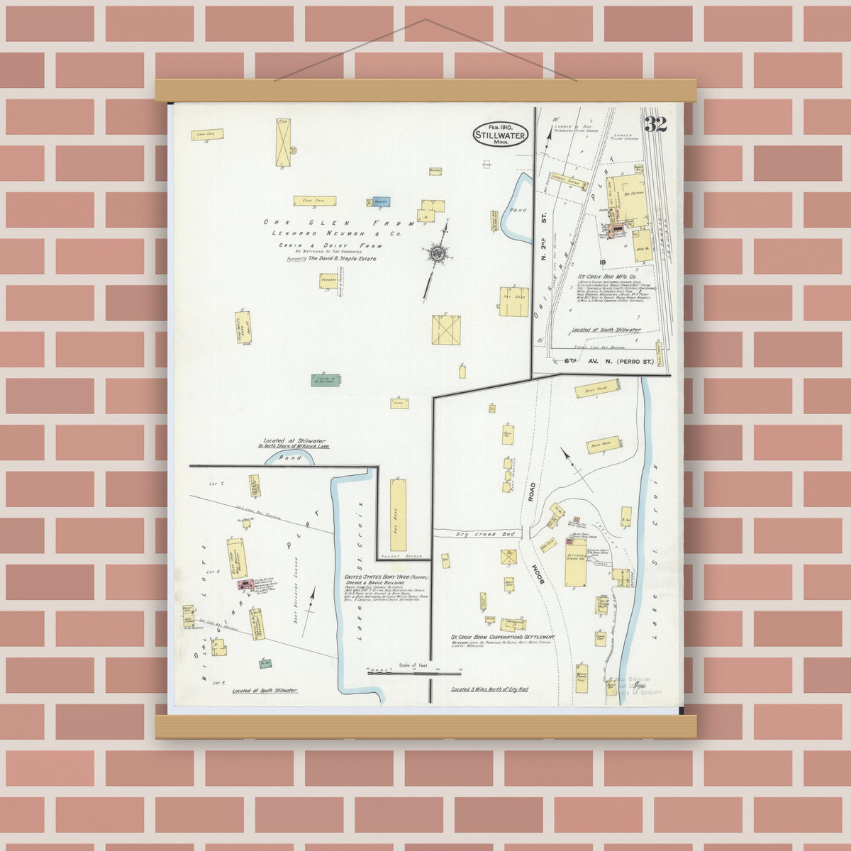 Old map wall art mockup — magnetic wood frame on brick wall — Sanborn Fire Insurance Map from Stillwater, Washington County, Minnesota (1910), Sheet #0032