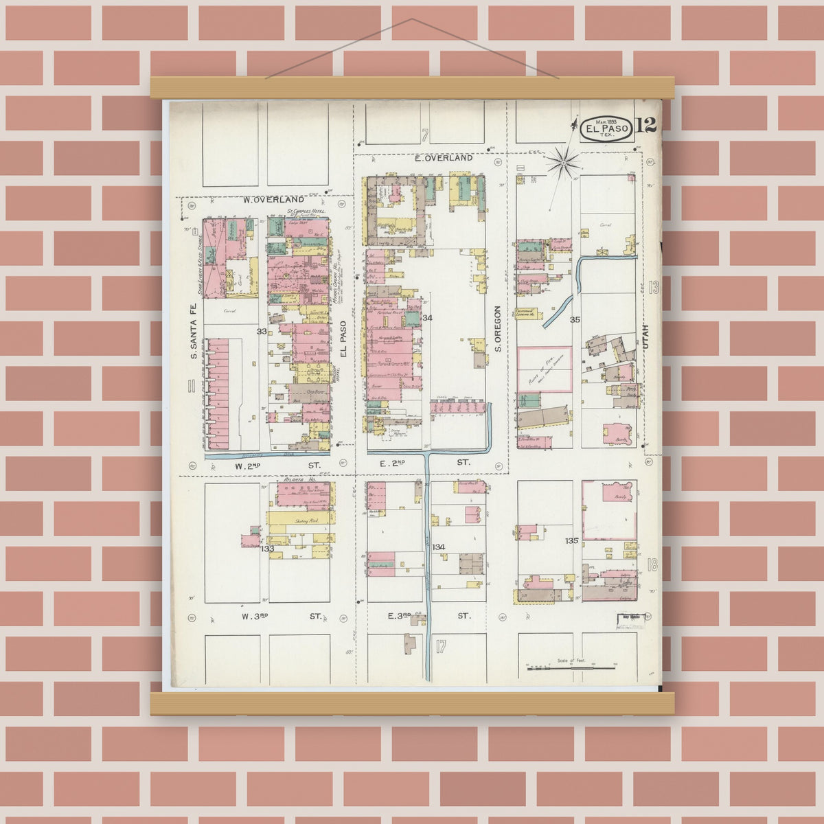 Old map wall art mockup — magnetic wood frame on brick wall — Sanborn Fire Insurance Map from El Paso, El Paso County, Texas (1893), Sheet #0012
