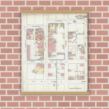 Old map wall art mockup — magnetic wood frame on brick wall — Sanborn Fire Insurance Map from El Paso, El Paso County, Texas (1893), Sheet #0012