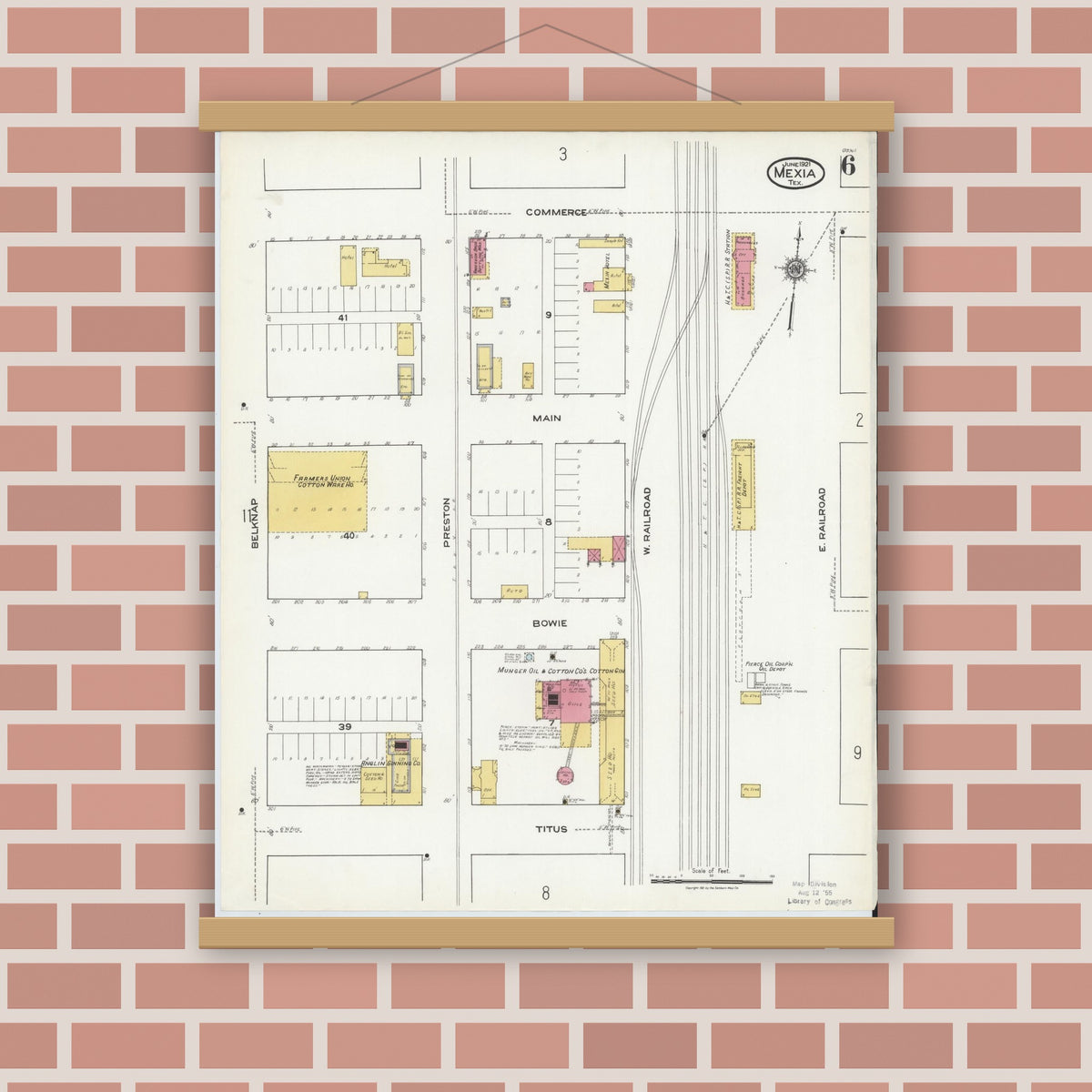 Old map wall art mockup — magnetic wood frame on brick wall — Sanborn Fire Insurance Map from Mexia, Limestone County, Texas (1921), Sheet #0006