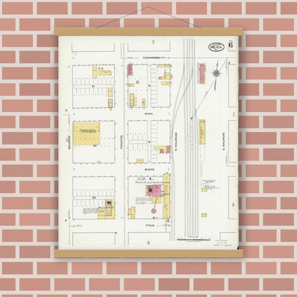 Old map wall art mockup — magnetic wood frame on brick wall — Sanborn Fire Insurance Map from Mexia, Limestone County, Texas (1921), Sheet #0006