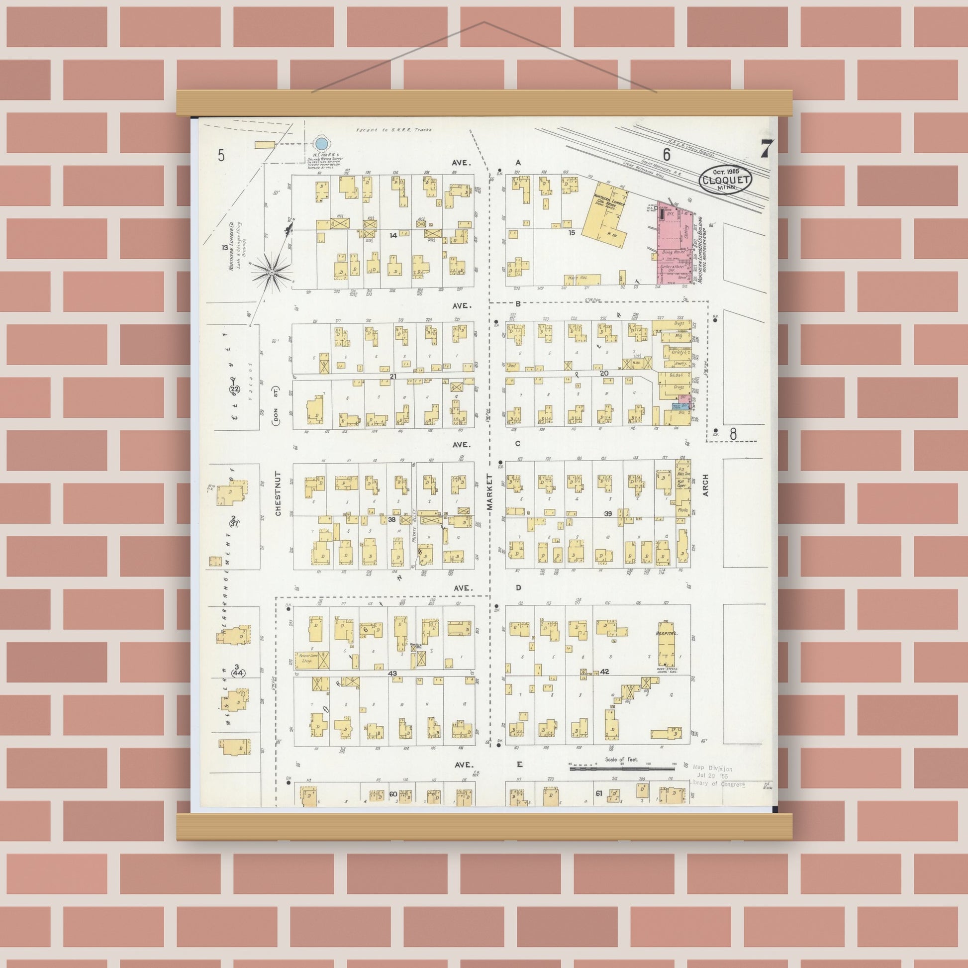Old map wall art mockup — magnetic wood frame on brick wall — Sanborn Fire Insurance Map from Cloquet, Carlton County, Minnesota (1905), Sheet #0007