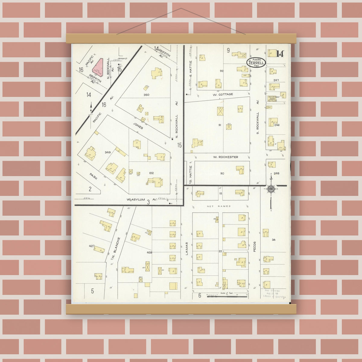Old map wall art mockup — magnetic wood frame on brick wall — Sanborn Fire Insurance Map from Terrell, Kaufman County, Texas (1914), Sheet #0014