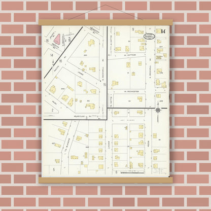 Old map wall art mockup — magnetic wood frame on brick wall — Sanborn Fire Insurance Map from Terrell, Kaufman County, Texas (1914), Sheet #0014