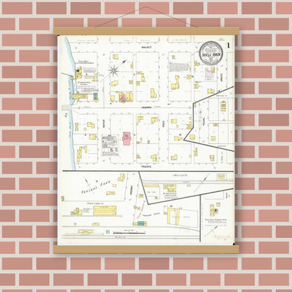 Old map wall art mockup — magnetic wood frame on brick wall — Sanborn Fire Insurance Map from Shell Rock, Butler County, Iowa (1902), Sheet #0001