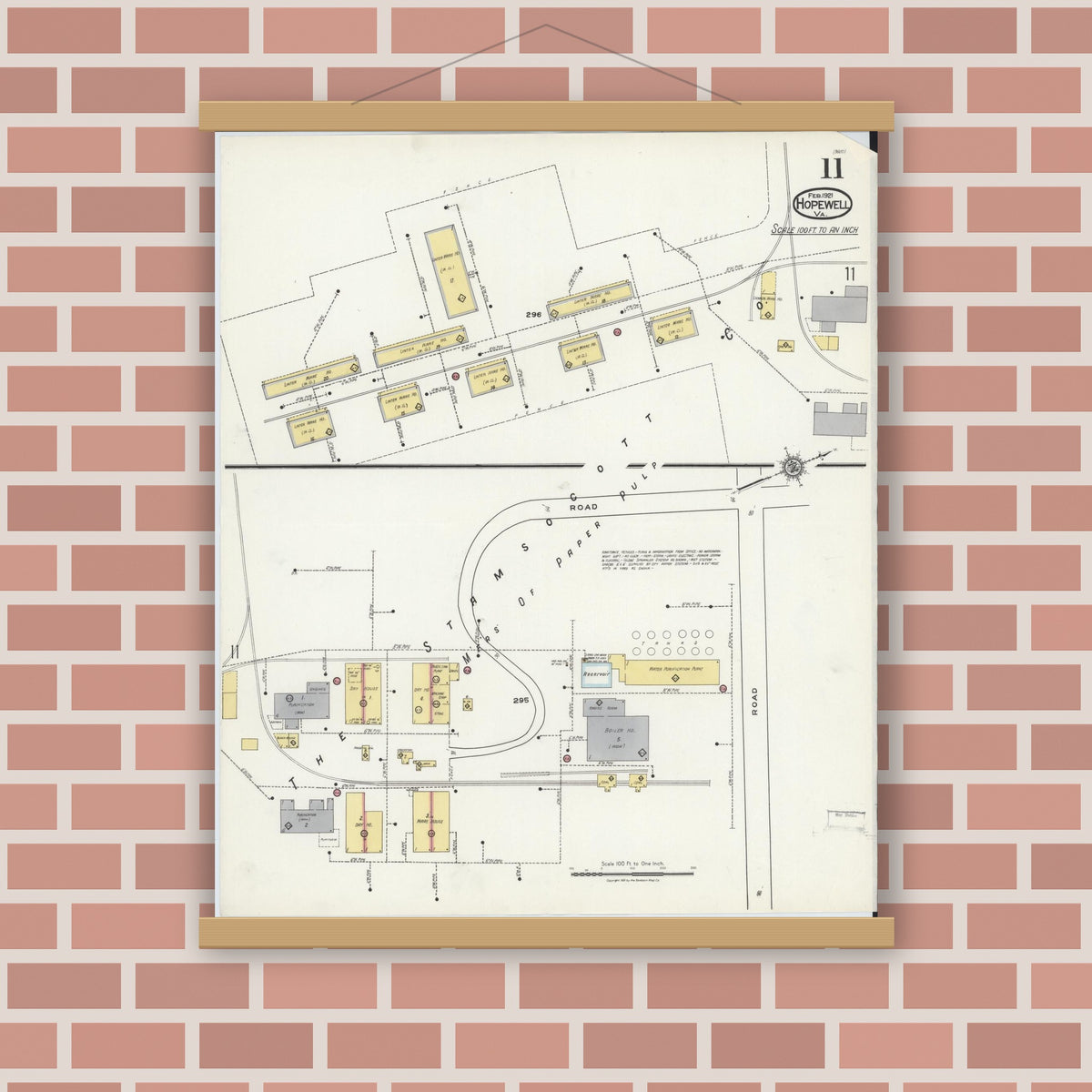 Old map wall art mockup — magnetic wood frame on brick wall — Sanborn Fire Insurance Map from Hopewell, Independent Cities, Virginia (1921), Sheet #0011