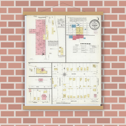 Old map wall art mockup — magnetic wood frame on brick wall — Sanborn Fire Insurance Map from Sebring, Mahoning County, Ohio (1908) - Complete Map Set