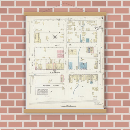 Old map wall art mockup — magnetic wood frame on brick wall — Sanborn Fire Insurance Map from Duluth, Saint Louis County, Minnesota (1884), Sheet #0004