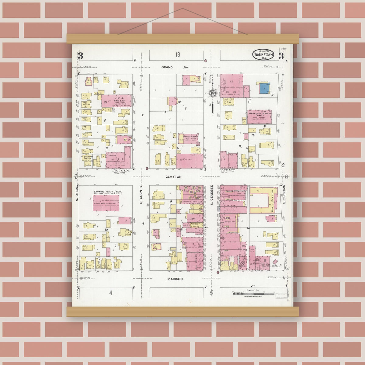 Old map wall art mockup — magnetic wood frame on brick wall — Sanborn Fire Insurance Map from Waukegan, Lake County, Illinois (1924), Sheet #0003