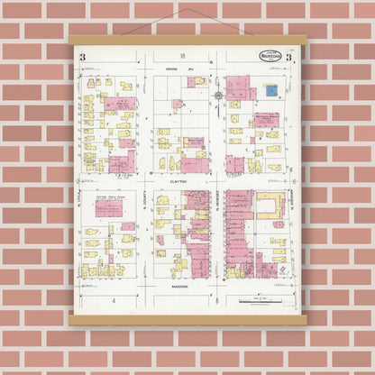 Old map wall art mockup — magnetic wood frame on brick wall — Sanborn Fire Insurance Map from Waukegan, Lake County, Illinois (1924), Sheet #0003